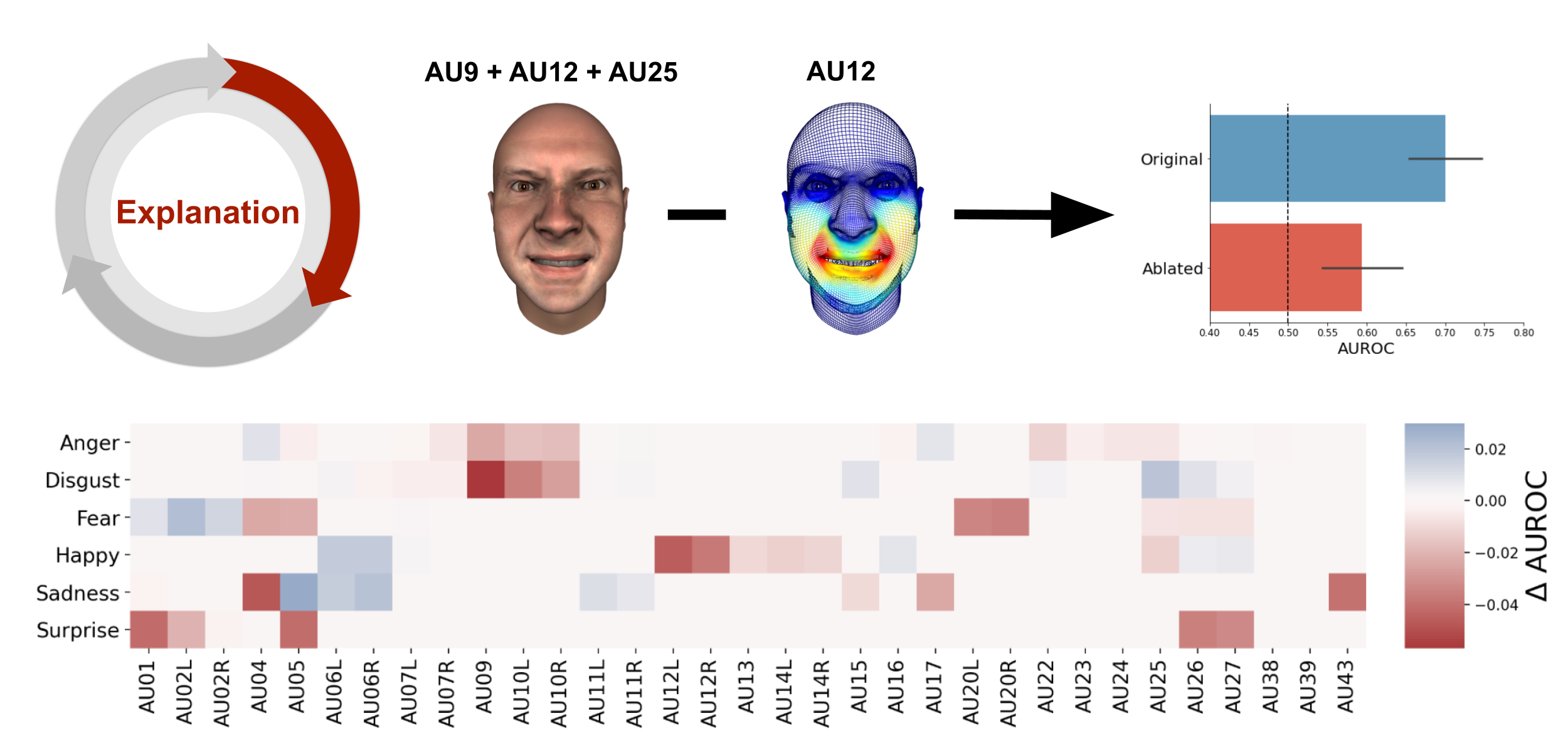 Explanation. Schematic visualization of the explanation process through ablation of single AUs. The heatmap shows the average decrease (red) or increase (blue) across mappings after ablation of a single AU (x-axis) from a particular emotion configuration (y-axis).